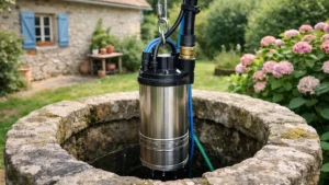 Installation d'une pompe immergée descendue dans un puits
