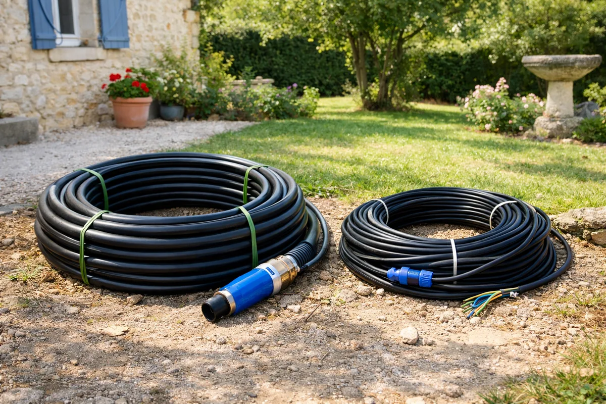Tuyau de refoulement et câble électrique d'une pompe de forage remontée