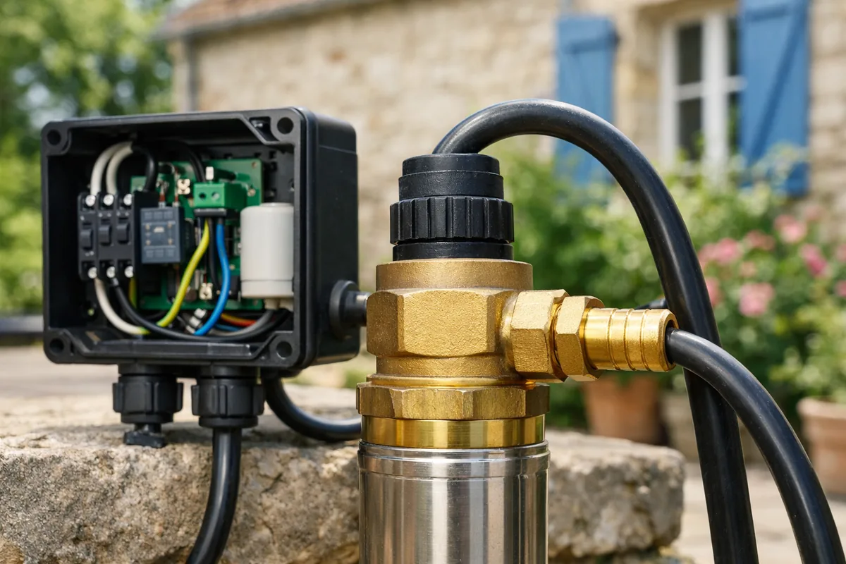 Coffret de démarrage et raccordement d'une pompe de forage immergée