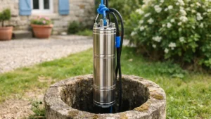 Pompe de forage immergée en acier inoxydable descendue dans un puits profond