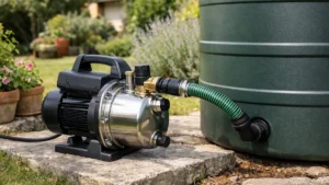 Pompe de surface auto-amorçante installée dans un jardin pour l'arrosage