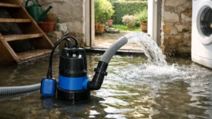 Pompe vide-cave en action dans un sous-sol inondé