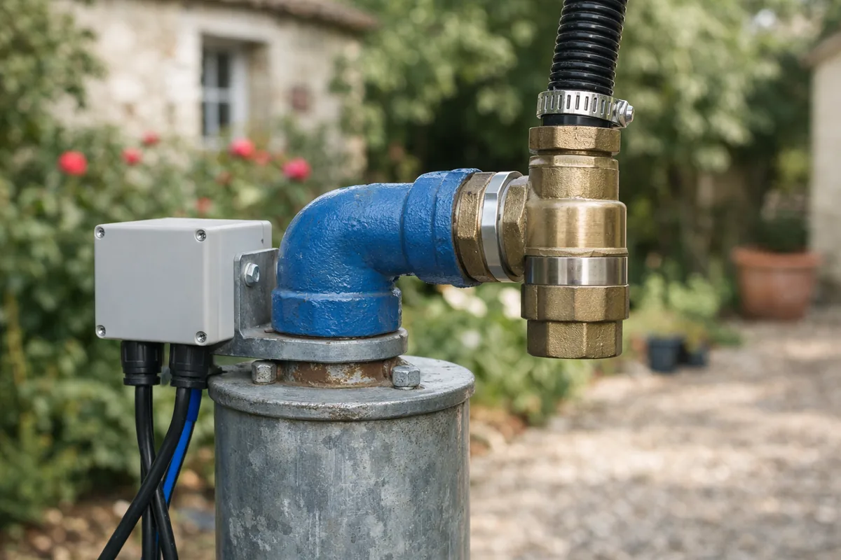 Raccordement d'une pompe de puits immergée avec clapet anti-retour et coffret