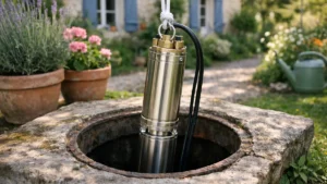 Pompe de puits immergée en inox descendue dans un forage avec sa corde