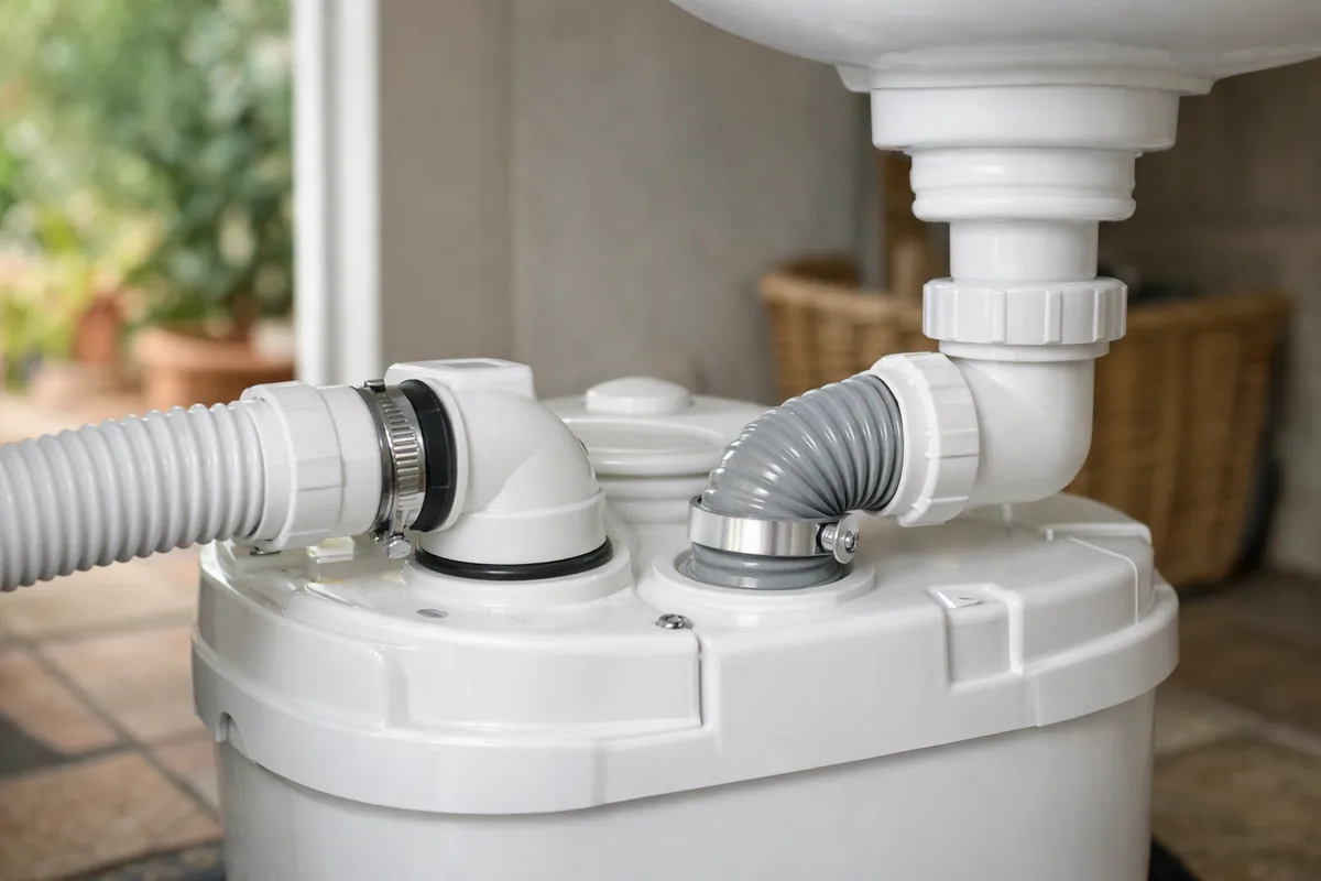 Raccordement des entrées d'une pompe de relevage sanitaire pour douche et lavabo