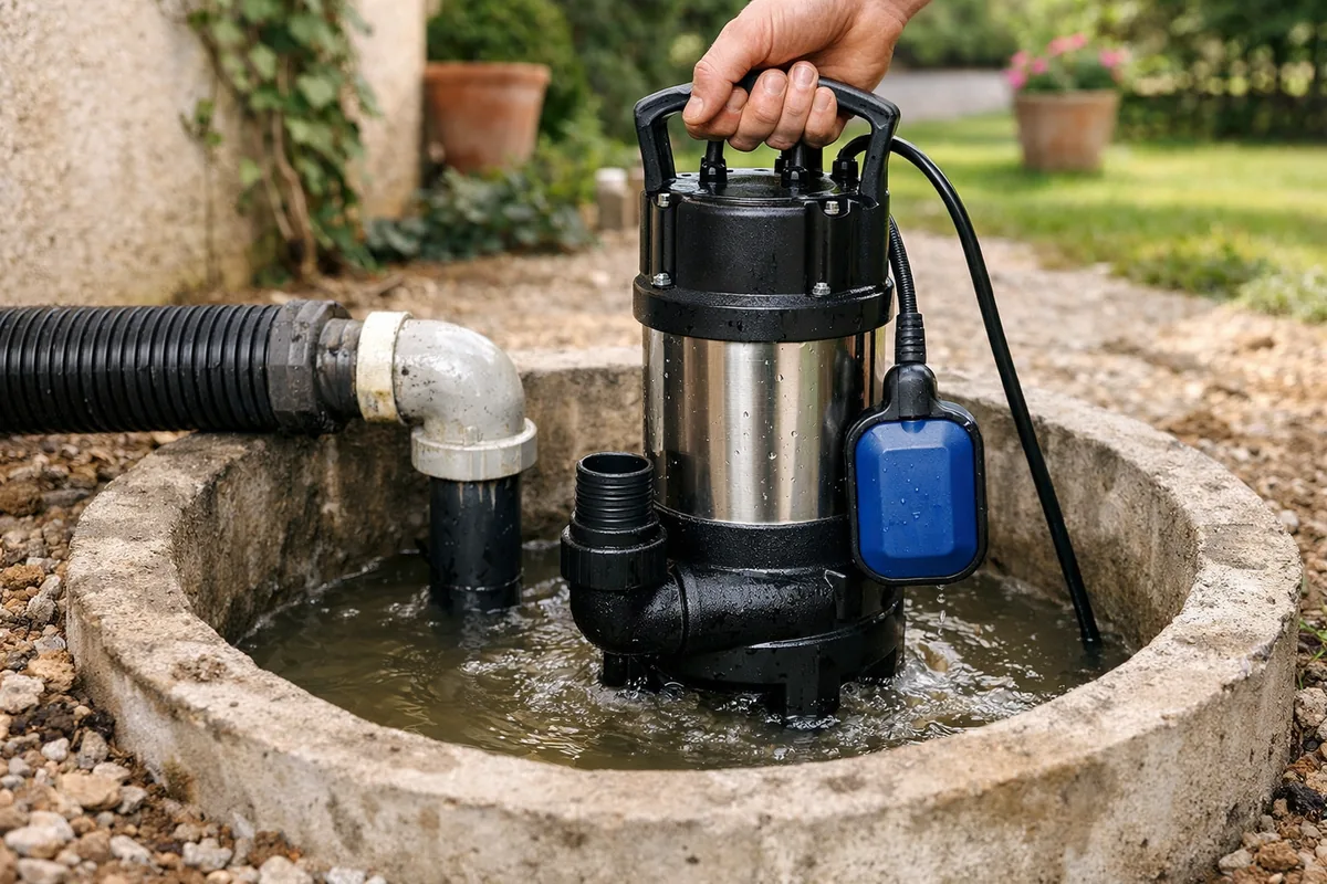 Pompe submersible Einhell pour eaux chargées descendue dans un puisard