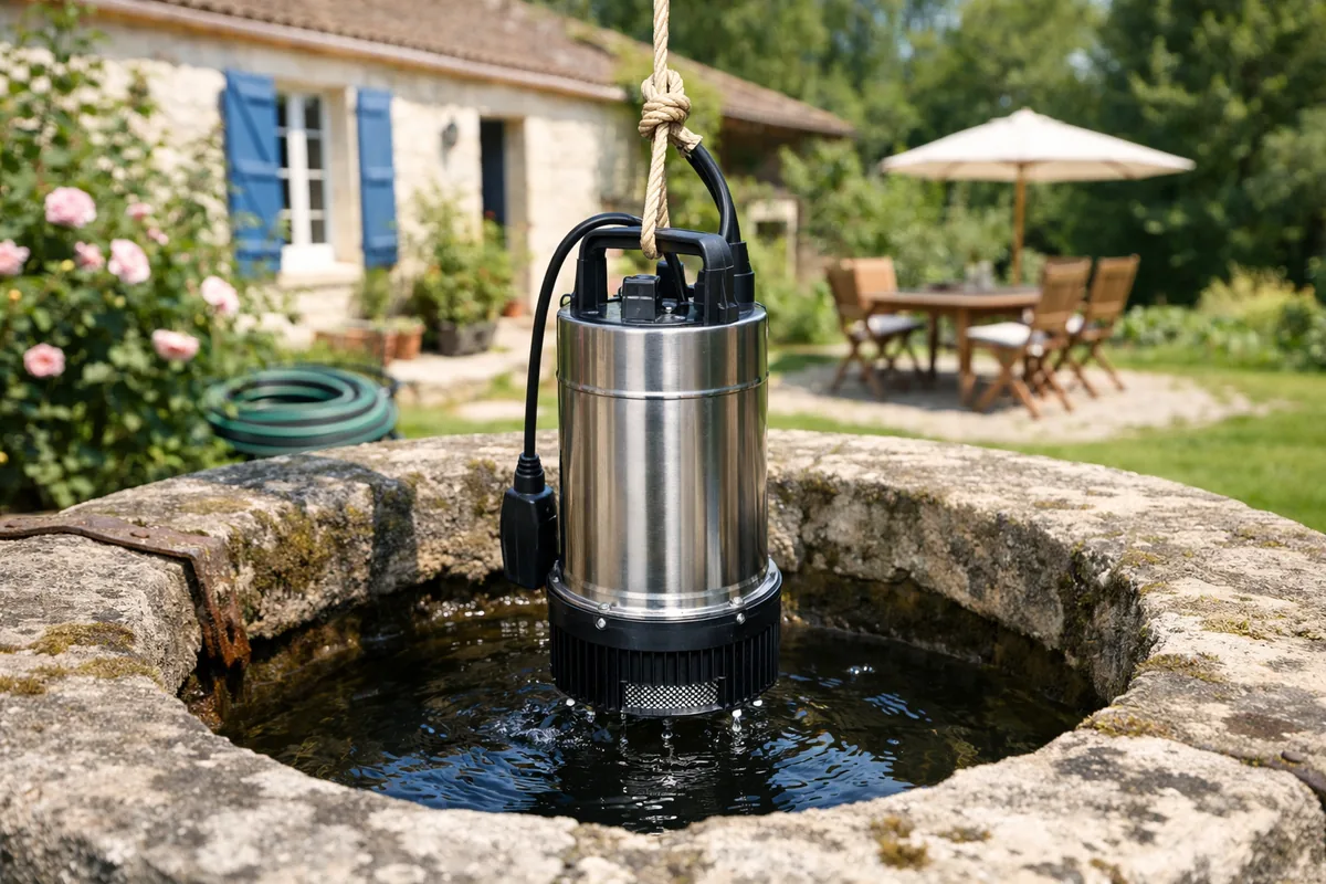 Pompe immergée Gardena inox descendue dans un puits pour l'arrosage
