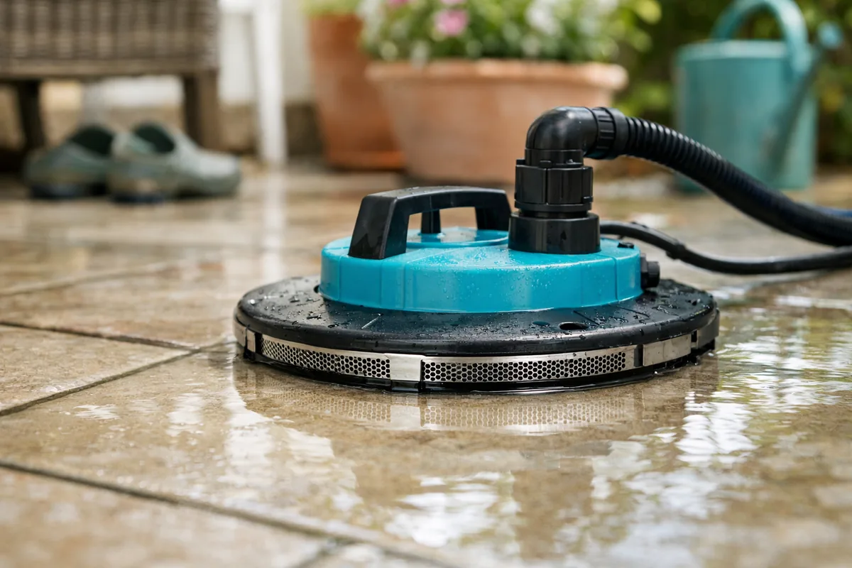 Aspiration à ras du sol d'une pompe serpillère sur un carrelage mouillé
