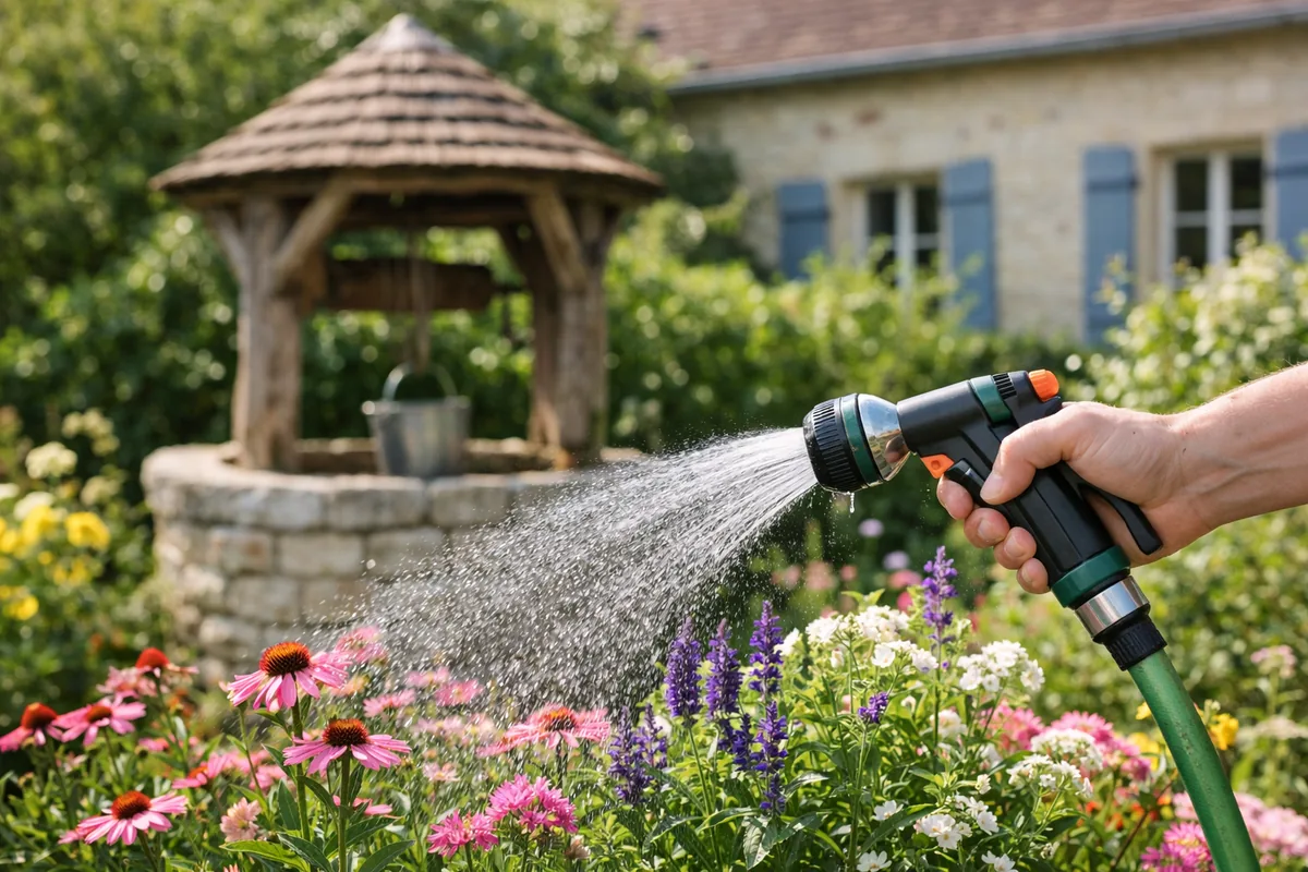 Arrosage au pistolet alimenté par la pompe immergée Gardena 5900/4 inox