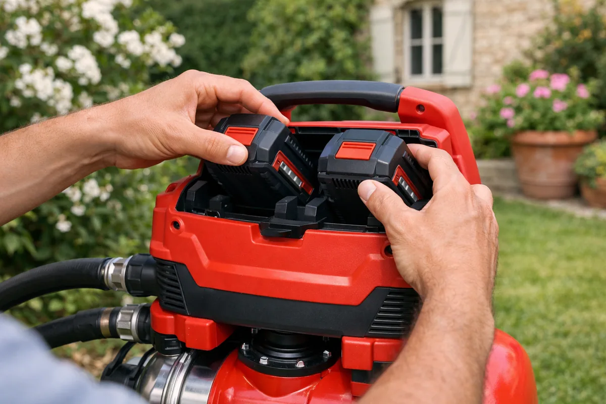 Insertion des deux batteries Power X-Change dans la pompe AQUINNA 36/30
