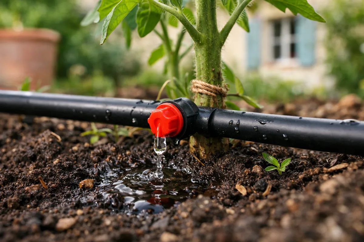 Goutteur de micro-irrigation arrosant un plant de tomate au pied