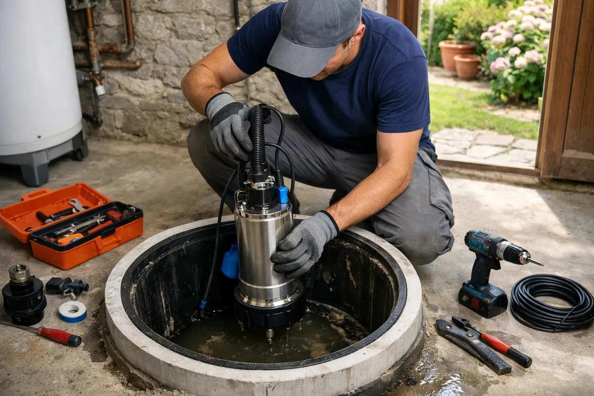 Pose d'une pompe de relevage dans une cuve