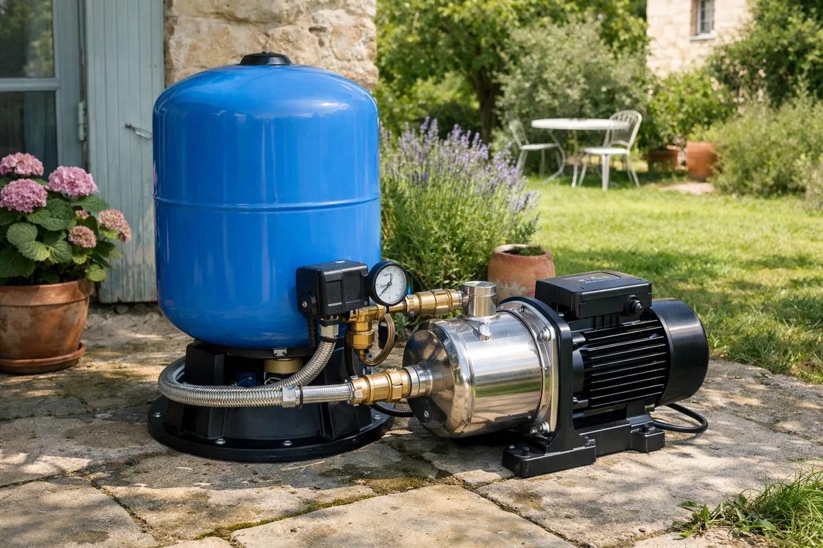 Surpresseur avec ballon et pressostat à côté d'une pompe de surface