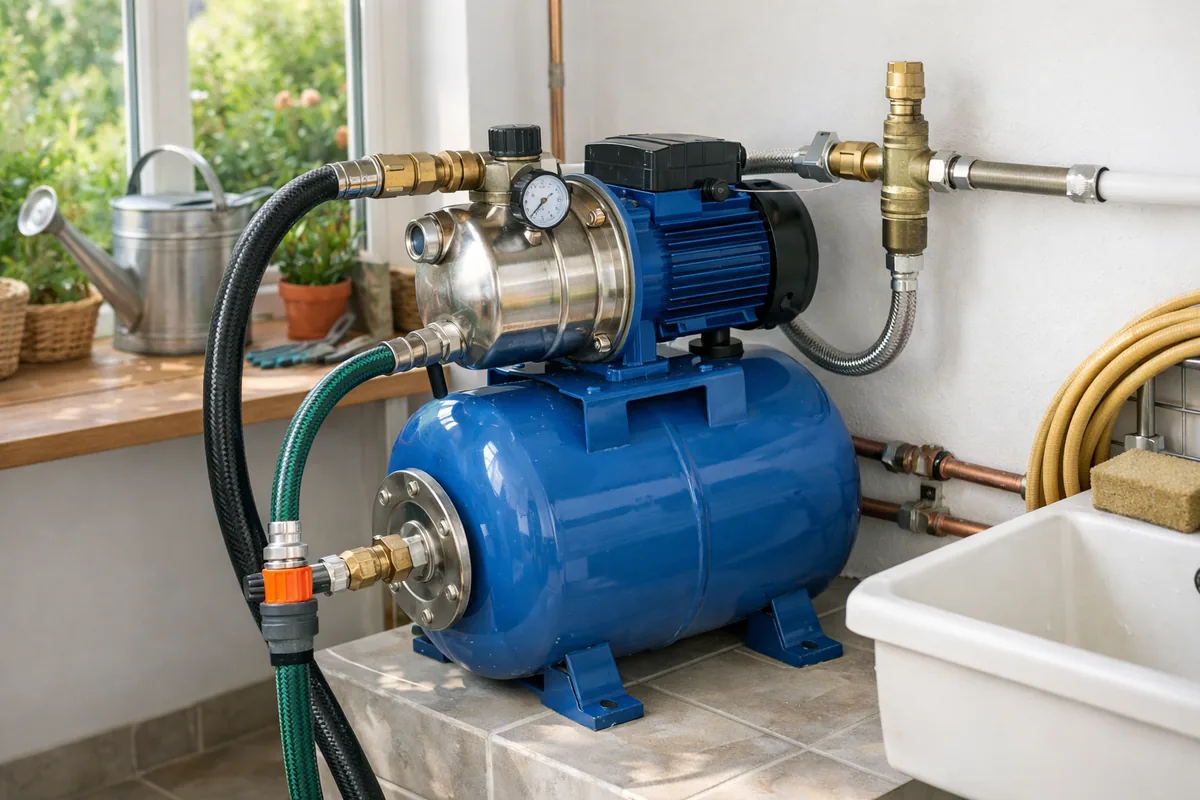 Station de pompage Gardena 3500/4E raccordée pour l'alimentation en eau de la maison