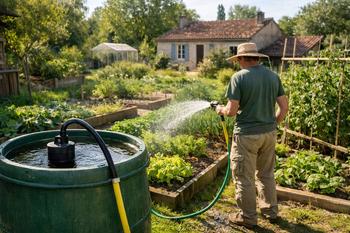 Arrosage du jardin avec l'eau de pluie pompée par la Gardena 4700/2