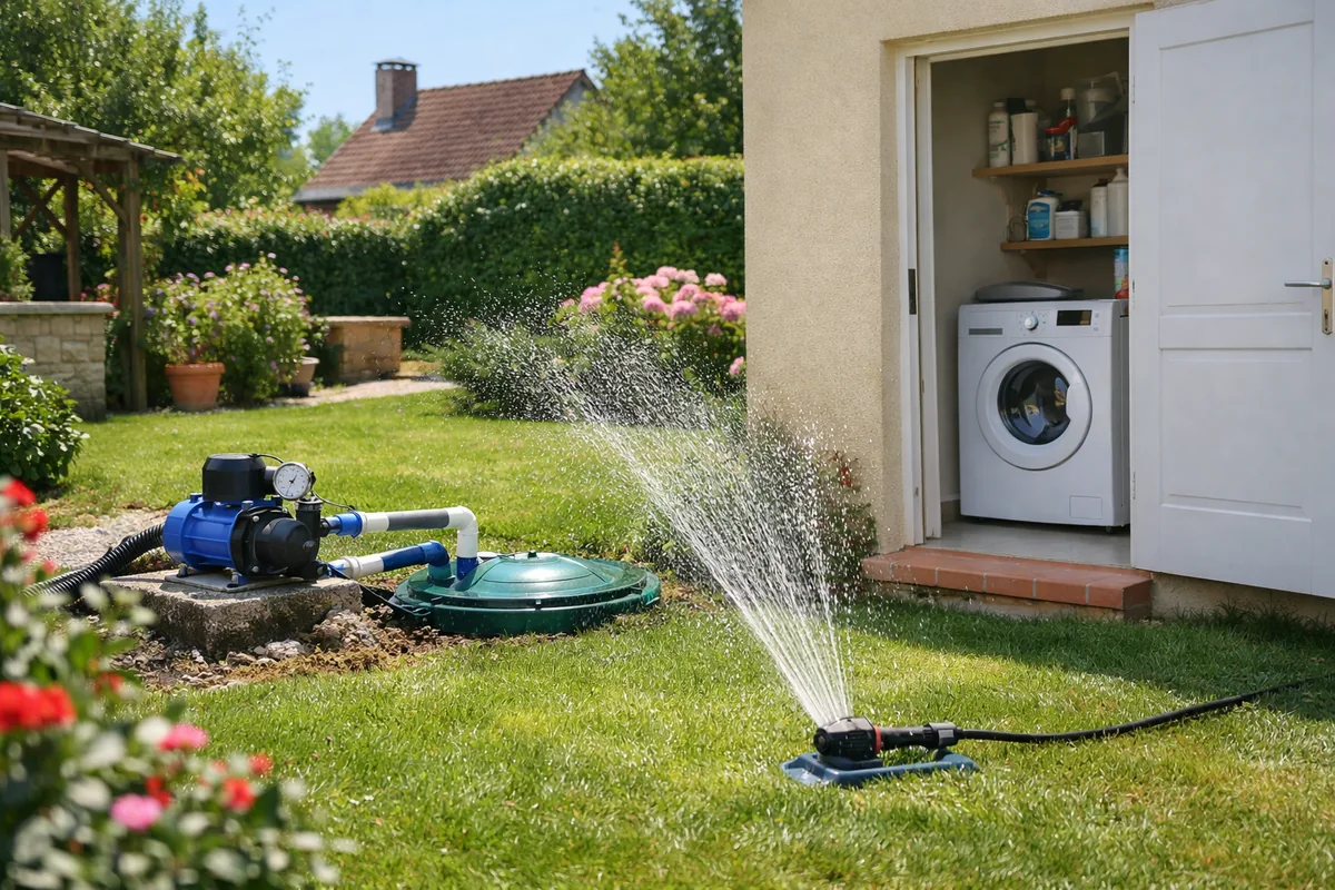Pompe Gardena 6000/6E LCD alimentant la maison et le jardin en eau de pluie