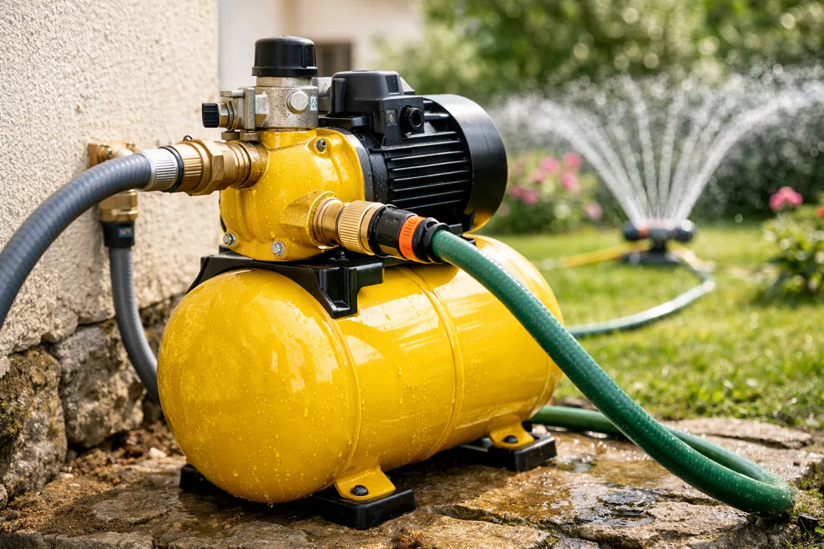 Les deux sorties d'eau de la pompe Kärcher BP7 alimentant la maison et un arroseur de jardin