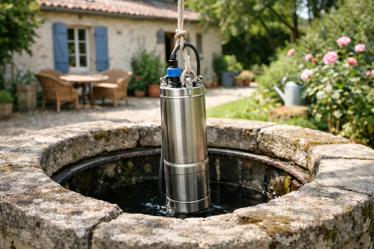 Pompe immergée descendue dans un puits