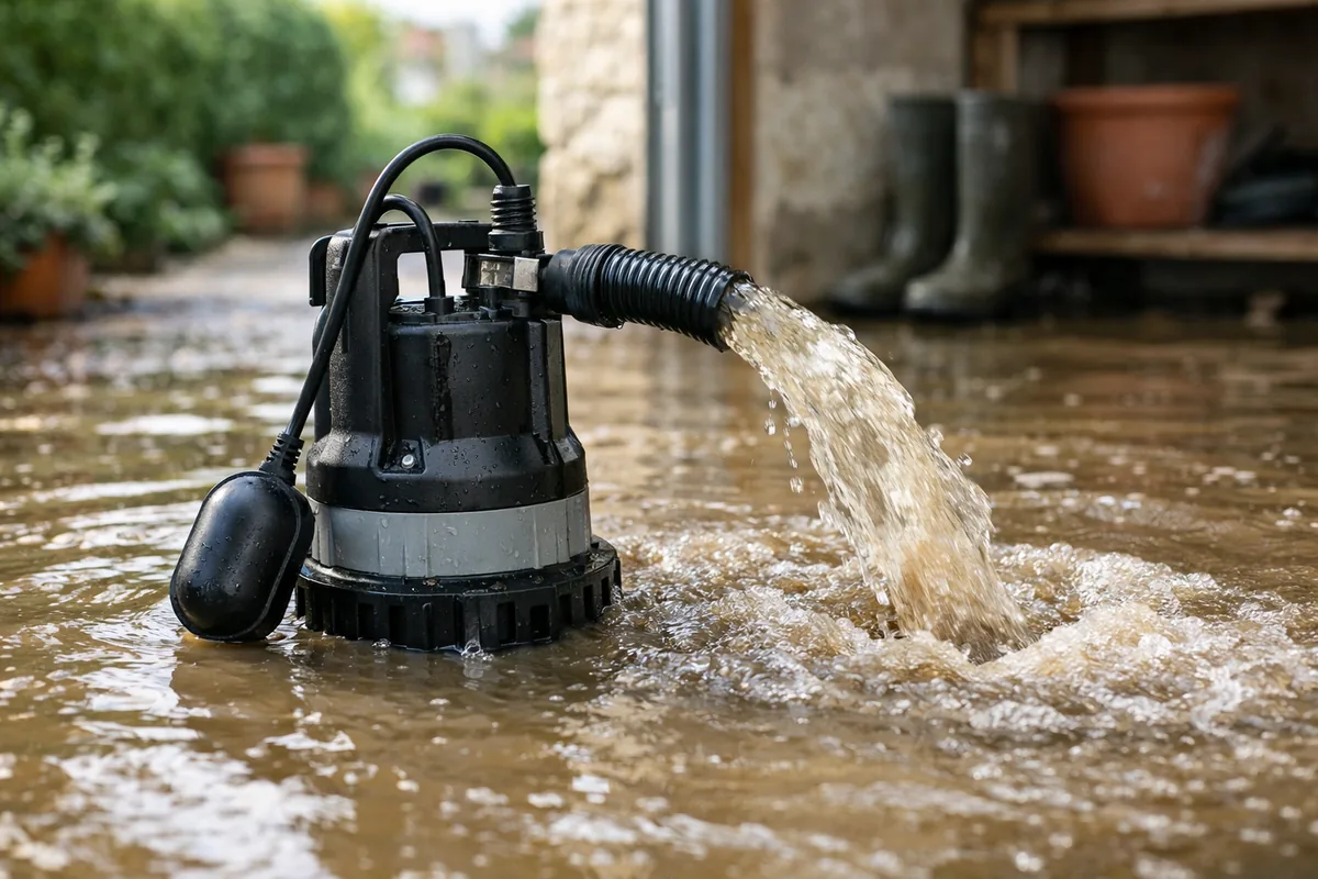 Pompe vide cave avec flotteur en action dans un garage inondé